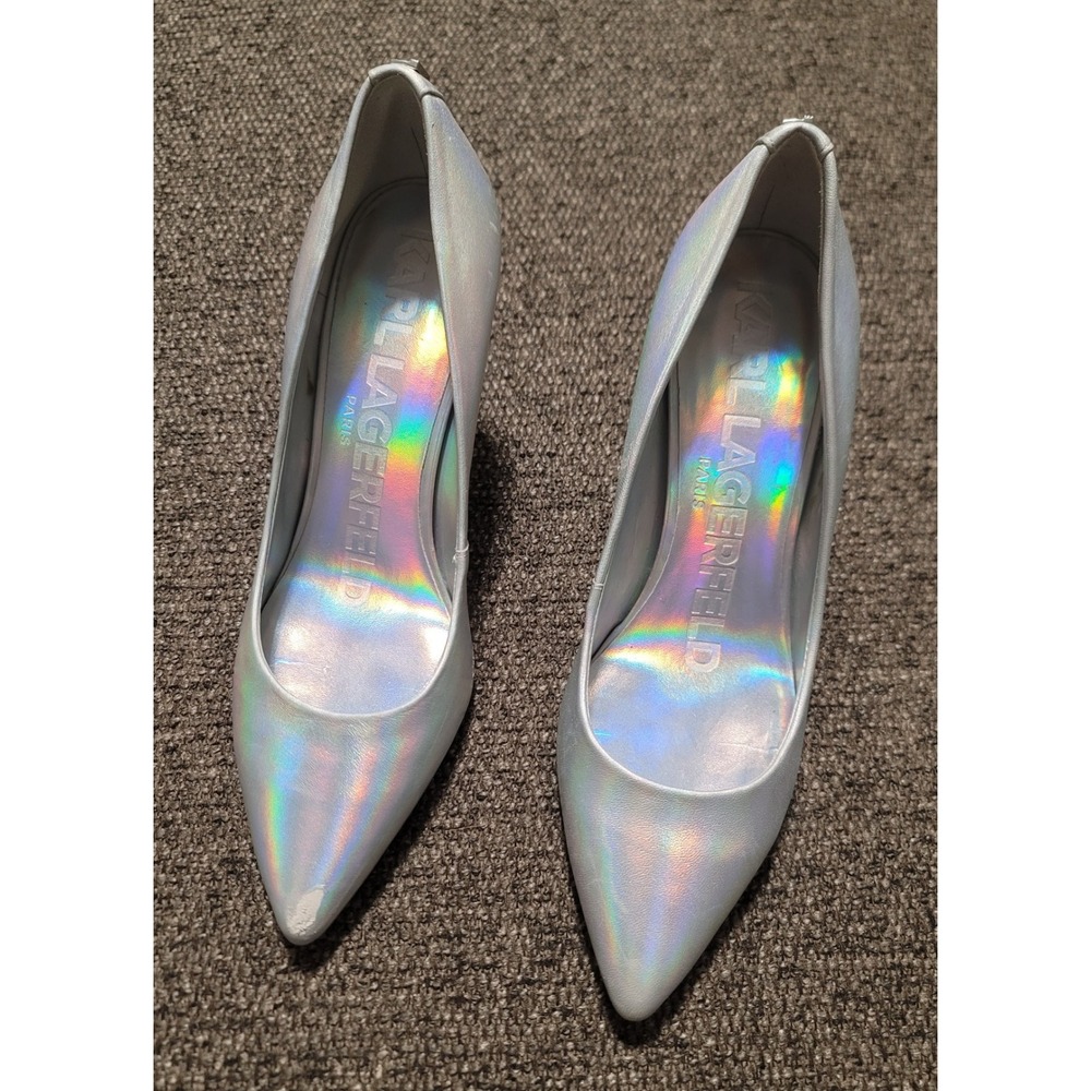Karl Lagerfeld‎ Paris Women's Gloria Pointed Toe Silver Leather Pumps Size 7